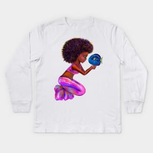 Black anime mermaid with blue tang fish, beautiful  black girl with Afro hair, green eyes, Cherry pink lips and dark brown skin. Hair love ! Kids Long Sleeve T-Shirt